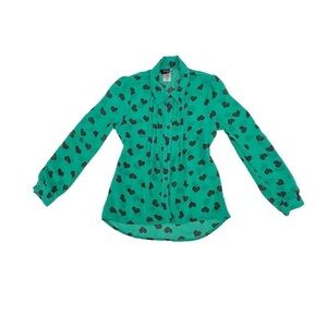 2-Hip By Wrapper Green Collared Gray Hearts Long Sleeve Blouse Size M Girl’s